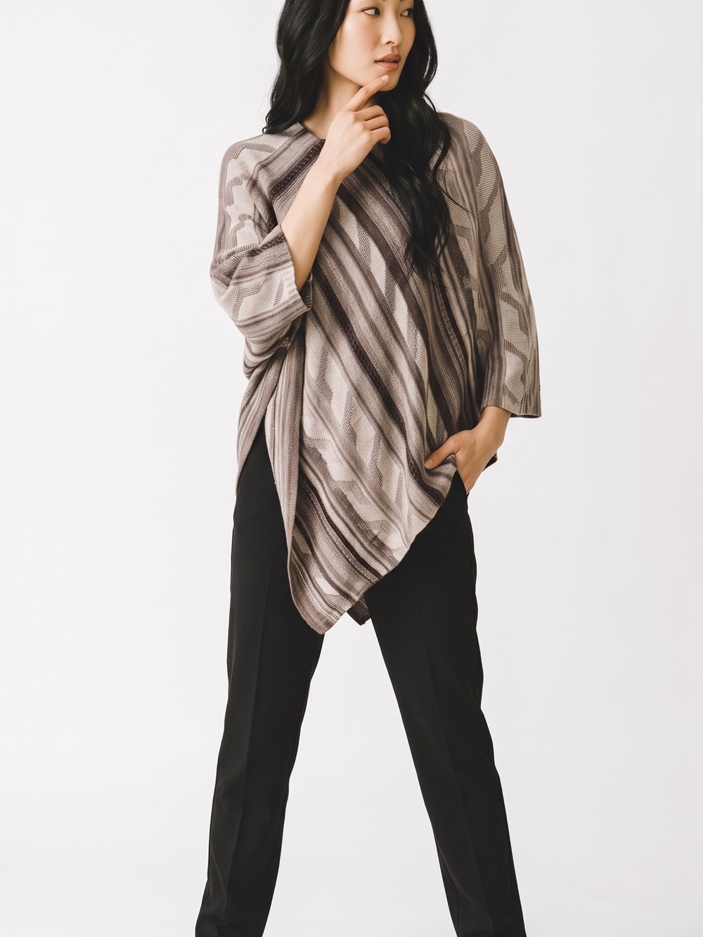 Ralph Lauren Taupe and Beige Striped Asymmetrical Poncho